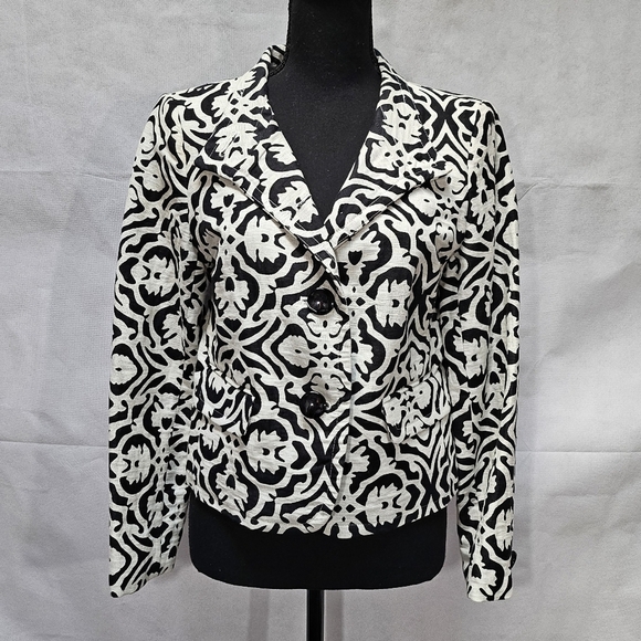 Style & Co Floral Crop Black & White Blazer 70% Linen 30% Cotton Size 4 - Picture 1 of 8